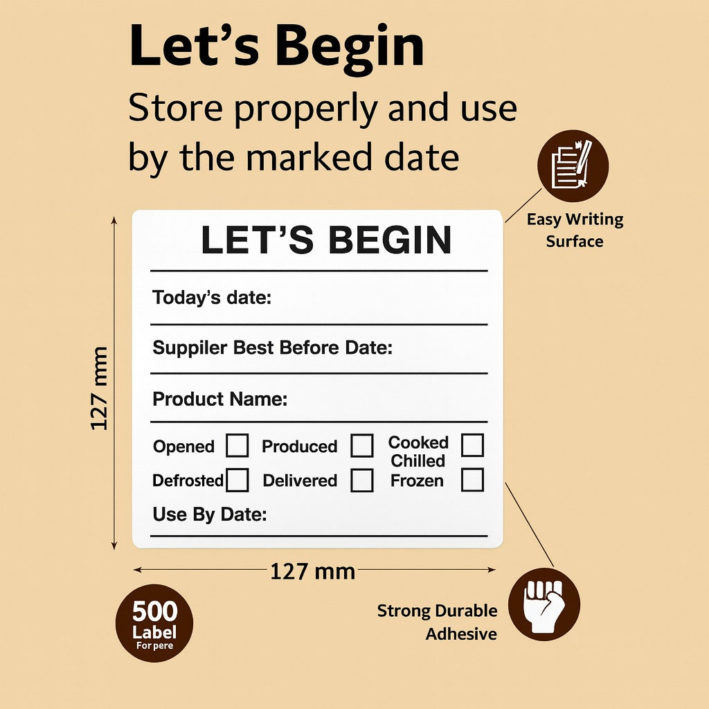 "Waterproof food date label sticker roll"
"Food date labels being applied to container"
"Close-up of easy-peel food date sticker"
"Pack of food date label rolls"