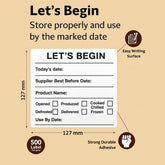 "Waterproof food date label sticker roll"
"Food date labels being applied to container"
"Close-up of easy-peel food date sticker"
"Pack of food date label rolls"