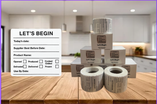 "Waterproof food date label sticker roll"
"Food date labels being applied to container"
"Close-up of easy-peel food date sticker"
"Pack of food date label rolls"