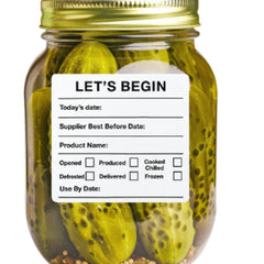 "Waterproof food date label sticker roll"
"Food date labels being applied to container"
"Close-up of easy-peel food date sticker"
"Pack of food date label rolls"