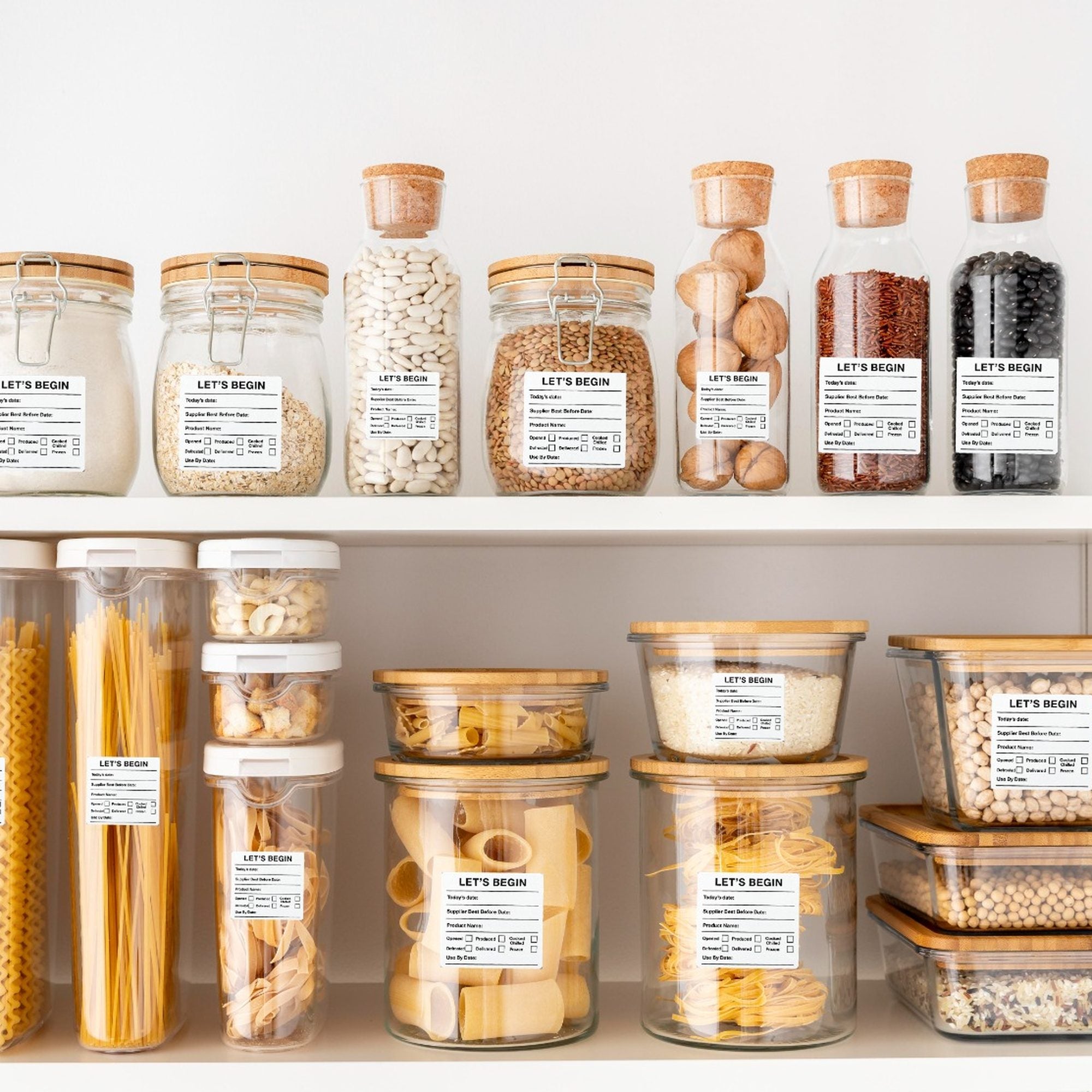 "Waterproof food date label sticker roll"
"Food date labels being applied to container"
"Close-up of easy-peel food date sticker"
"Pack of food date label rolls"