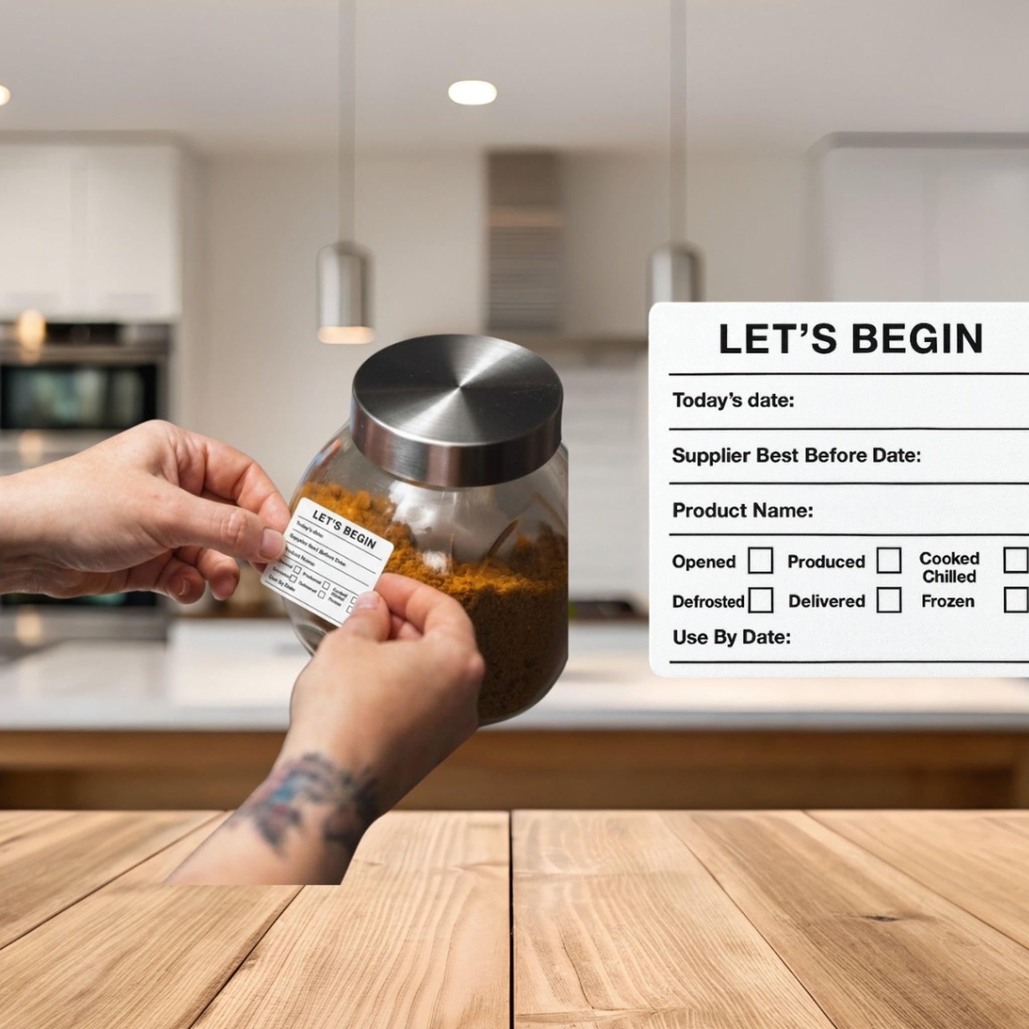 "Waterproof food date label sticker roll"
"Food date labels being applied to container"
"Close-up of easy-peel food date sticker"
"Pack of food date label rolls"