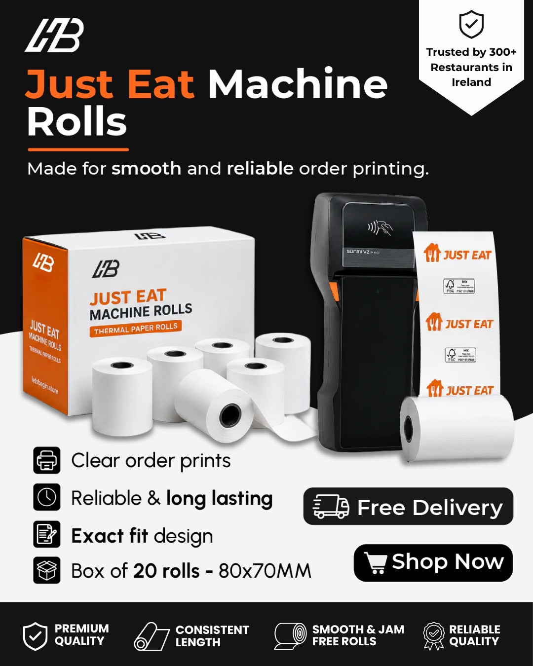 Just Eat Machine Rolls – Thermal Paper Rolls | Box of 20 (58mm x 40mm)