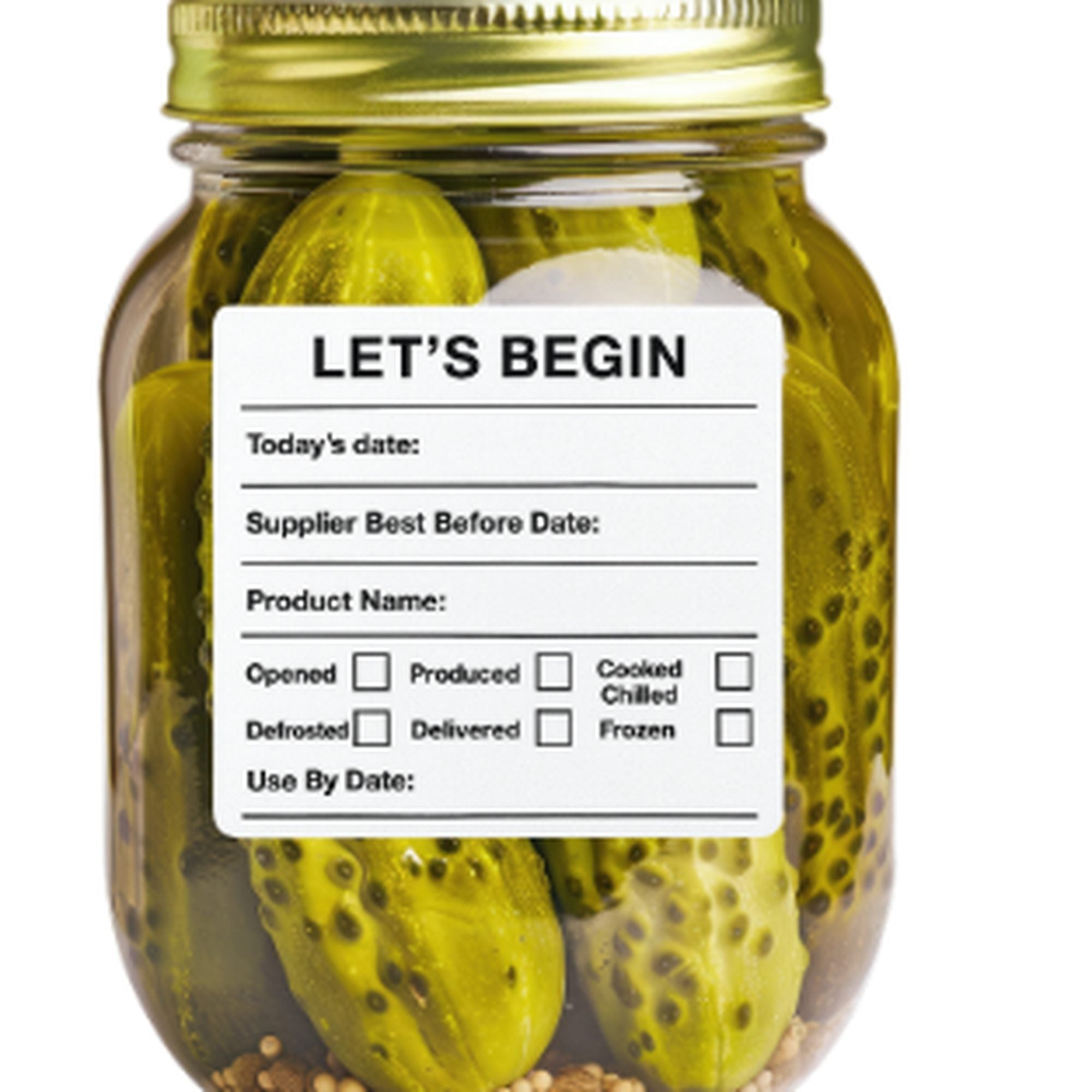 "Waterproof food date label sticker roll"
"Food date labels being applied to container"
"Close-up of easy-peel food date sticker"
"Pack of food date label rolls"