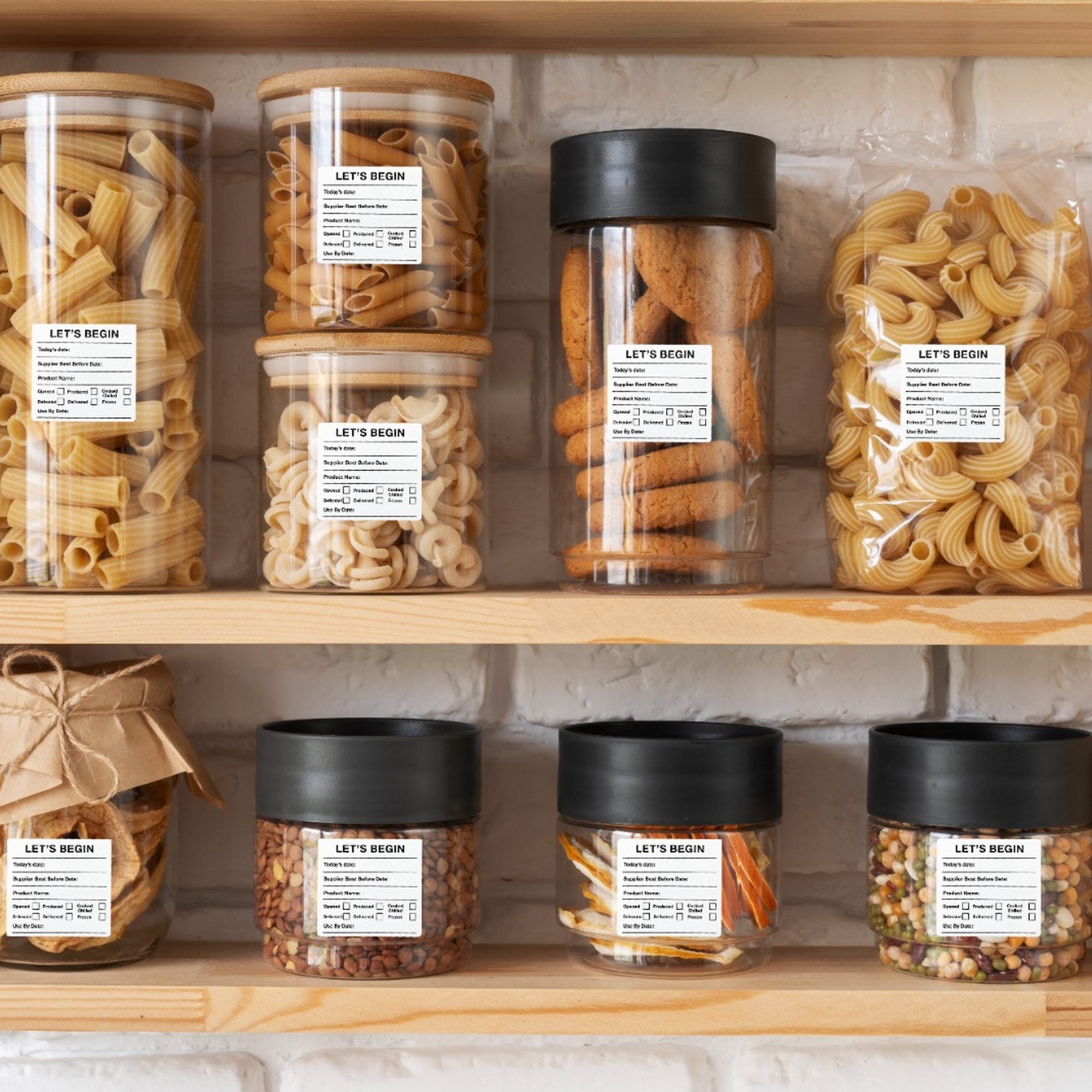 "Waterproof food date label sticker roll"
"Food date labels being applied to container"
"Close-up of easy-peel food date sticker"
"Pack of food date label rolls"