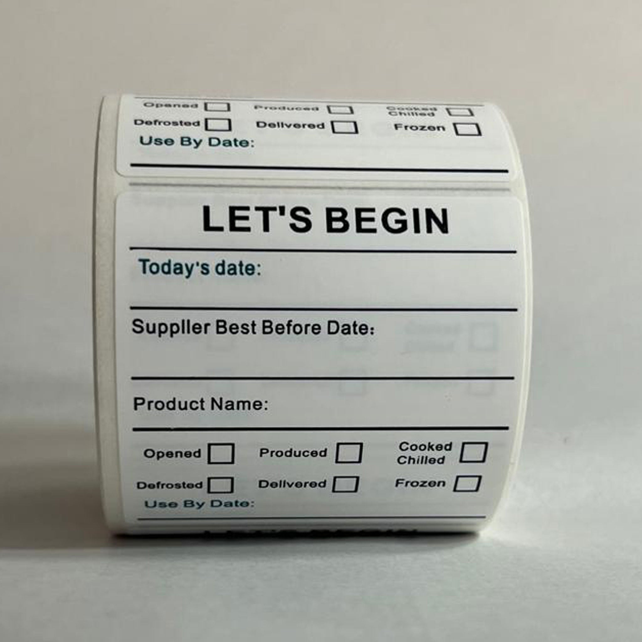 "Waterproof food date label sticker roll"
"Food date labels being applied to container"
"Close-up of easy-peel food date sticker"
"Pack of food date label rolls"
